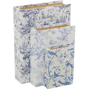 Deco 79 Canvas Decorative Box Faux Storage Book Book Shaped Boxes with Varying Coral and Shell Patterns, Set of 3 Decorative Keepsake Boxes 12", 9", 6"H, Light Blue