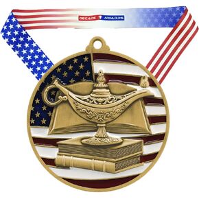 Decade Awards Academic Patriotic Medal - 2.75 Inch Wide Scholastic Medallion with Stars and Stripes American Flag V Neck Ribbon