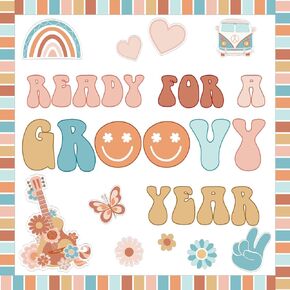 ZOiiWA Groovy Retro Bulletin Board Decoration Groovy Hippie Classroom Decoration Set Boho Ready for A Groovy Year Hippie Bulletin Board Kit School Bus Guitar Cutouts for School Home Office Wall Decor