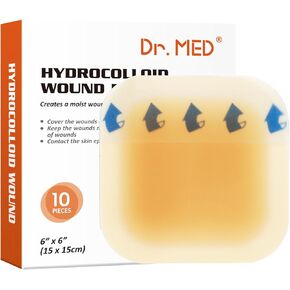 Dr. Med Hydrocolloid Wound Dressing 6"x6"-10 Pack/Box, Waterproof Adhesive Bordered Bandage, for Light Exudate, Abrasions, Pressure Ulcer, Bed Sore, Superficial Wound Care