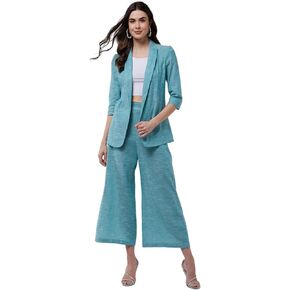 Pannkh Women's Summer 2 Piece Full Sleeves Open Shawl Collar Green Chambray Cotton Solid Blazer with Wide-Leg Pant Set
