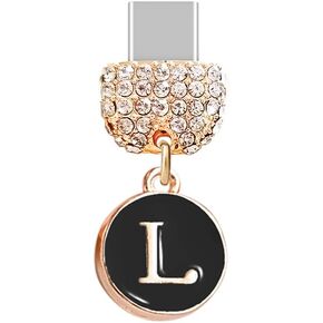 ELISE & FONDA TP62 Type-C USB Charging Port Crystal Anti Dust Plug Tiny letter L Cell Phone Charm for Samsung/Huawei/OnePlus/Xiaomi/oppo New Android Phones(Black)