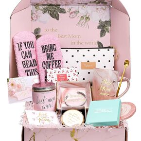 Gift Basket for Mom, Birthday Gifts for Best Mom, Women, Wife, Mother in Law, New Mom. Christmas, for Mothers Day-Includes Candle, Coffee Mug, Bracelet, Ring Dish,Coffee Socks