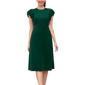 MUADRESS Women Ruffle Sleeve Crewneck Church Dress Knee Length Elegant Formal Work Business Dress with Belt in Kuwait