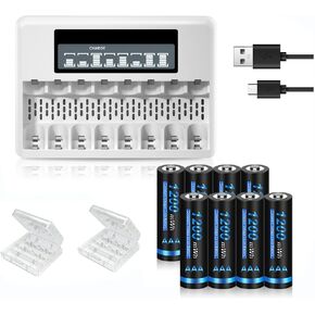 Rechargeable Lithium AAA Batteries with Charger, 8 Pack 1.5V AAA 1200mWh Rechargeable Lithium Battery with 8 Bay LCD Fast Charger