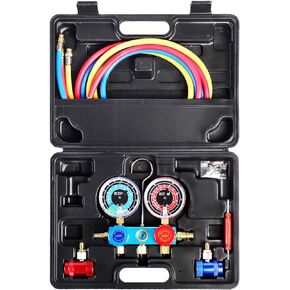 3 Way AC Manifold Diagnostic Gauge Air Conditioner R1234yf Refrigerant Charging Set with 5FT Hose Quick Couplers Valve Core Tool Kit