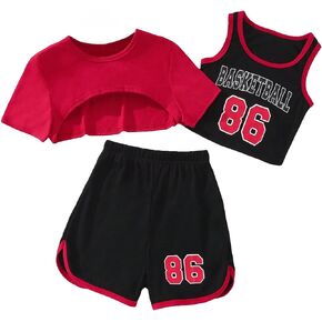 OYOANGLE Girl's 3 Piece Outfit Letter Graphic Basketball Tank Top and Track Shorts with Crop Top