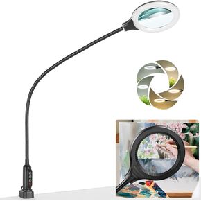 10X Magnifying Glass with Light and Clamp, 26" Gooseneck LED Desk Lamp, 5 Color Modes Stepless Dimmable, Real Glass Lighted Magnifier Hands Free for Close Work Painting Craft Hobby Repair