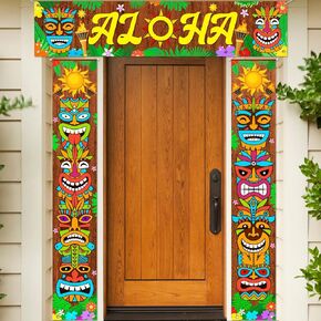 Garma 3PCS Hawaiian Luau Party Decorations Tiki Banner, Aloha Banner Welcome Door Porch Signs for Tiki Bar Tropical Moana Carnival Party Jungle Backdrop Wall Hanging Decor Supplies