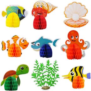 9pcs Under the Sea Animal Decorations, Ocean Honeycomb Centerpiece for Themed Party Decorations, Table, Birthday, Beach, Baby Shower