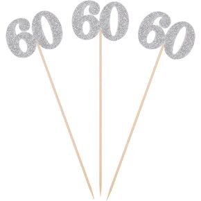Pack of 10 Silver Glitter 60th Birthday Centerpiece Sticks Number 60 Table Topper Age Letter Decorations