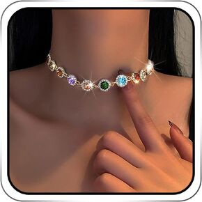 JEAIRTS Multi-color Rhinestone Choker Necklace Sparky Crystal Chokers Glitter Party Prom Necklace Chain Jewelry for Women and Girls
