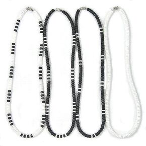 (4 Pack) Mens and Womens Summer Beach Surfer Necklaces From the Philippines, Black Coconut Beads with White Clam Heishe Ark Shells