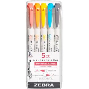 Zebra Pen Mildliner Double Ended Brush Pen, Assorted Refresh Ink Colors, 5-Pack, Multicolor (79405)