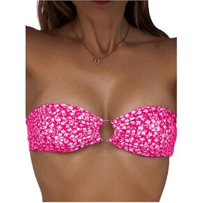 MakeMeChic Women's Hot Pink Bikini Tops Floral Print Ruched Ring Strapless Swimsuit Top Bandeau Swim Top