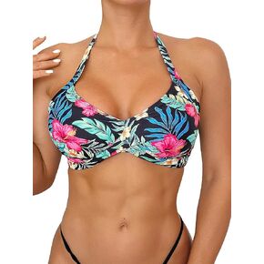 WDIRARA Women's Tropical Print Tie Backless Halter Swim Tops Twist Front Wireless Bikini Top Padded Bathing Suit Top