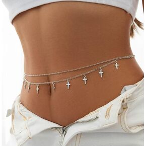 داينتي كروس طبقة مزدوجة الخصر سلسلة موضة الصيف بيكيني الشاطئ العصرية البطن الجسم سلسلة بار حفلة موسيقية الجسم مجوهرات اكسسوارات للنساء والفتيات (فضي) in Kuwait