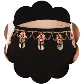 Gold Coin Flower Waist Chain Shiny Red Rhinestone Layered Belly Chain Vintage Hollow Carving Chain Belt Rave Chunky Boho Beach Long Tassel Body Chain Fashion Body Accessories for Women Girls