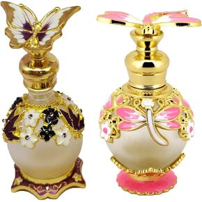 2Pcs Vintage Refillable Glass Perfume Bottles, Butterfly Dragonfly Flower Empty Glass Essential Oil Bottle Perfume Vial Scent Bottles for Women Girls, 15ml (Pink & Green)
