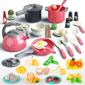 Bruvoalon 67Pcs Kids Play Kitchen Toys Set, Toddlers Pretend Cooking Playset Acccessories with Pots Pans, Utensils Cookware, Foods, Canned Veges, Learning Gift for Kids Girls Boys (Green)