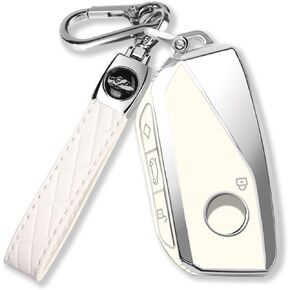 QBUC for BMW Key Fob Cover with Keychain Chrome Silver Trim Soft TPU Protection Case Compatible with 2023 2024 BMW 7 Series 740 760i I5 I7 IX X1 X5 X6 X7 XM（White）