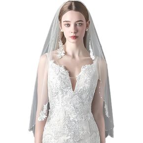 Flower Lace Wedding Veil Pearl Edge Beaded Bridal Veil Elegant Floral Embroided Trim Bachelorette Party Veil 1 Tier Waist Length Ivory Veils for Brides