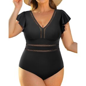 Yonique Plus Size One Piece Swimsuit for Women Tummy Control Bathing Suit Ruffle Retro Swimwear