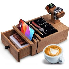 Wood phone docking station Ideal Birthday Gift for Dads, Husbands and Sons - Dual Watch Hangers, Spacious Drawer, Large Valet Tray - Multi-Device Charging, Nightstand organizer for men