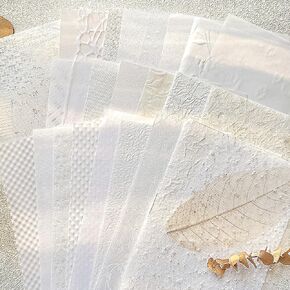 Aromoty 30 sheets Textured Scrapbook Paper&Mesh Fabric set - A4 Large Craft Mulberry Special Paper Mix for Scrapbooking White Junk Journal Supplies Card Materials Wedding Collage, 11.7x8.3 Inches