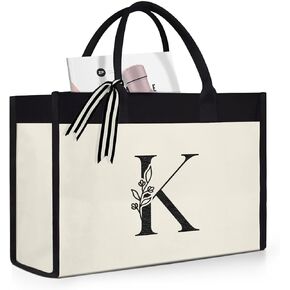 SANDJEST Initial Canvas Tote Bag Embroidered Monogrammed Beach Bags Gift for Women Friend Coworker Bridesmaid