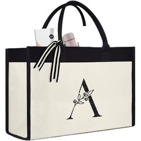 SANDJEST Initial Canvas Tote Bag Embroidered Monogrammed Beach Bags Gift for Women Friend Coworker Bridesmaid