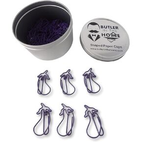 100 Count Eggplant Shaped Paper Clips Great for Paper Clip Collectors or Office Gift - Comes in Round Tin with Lid and Gift Box - Purple
