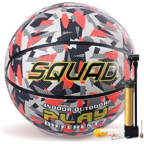 كرة سلة خارجية مموهة ملونة من SQUAD - كرة سلة مطاطية عالية الأداء، مقاس التنظيم الرسمي 7 (29.5 بوصة)، تتضمن مضخة وحقيبة شبكية