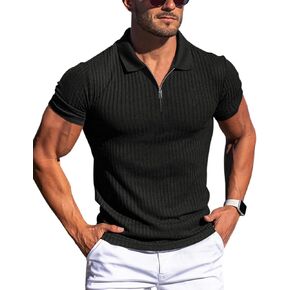 Zipper Muscle Polo Shirts for Men Slim Fit Short Sleeve Cotton Ribbed Knit Golf Shirt