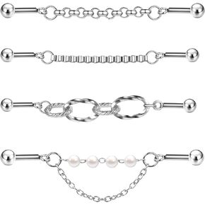 ZS 4Pcs 16G Chain Industrial Barbell Earring, 316L Surgical Steel Chain Cartilage Helix Stud Earrings, Industrial Bar Piercing Jewelry for Women Men