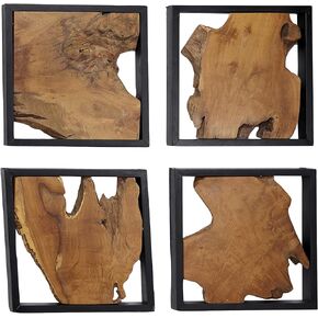 Deco 79 Teak Wood Abstract Handmade Home Wall Decor Live Edge Tree Trunk Wall Sculpture with Black Frames, Set of 4 Wall Art 18"W, 18"H, Brown