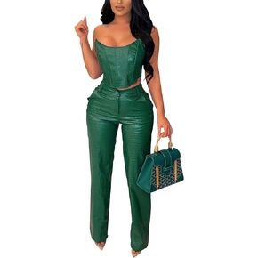 WOKANSE Women's Sexy Chic PU Faux Leather 2 Piece Outfits Tube Crop Tops and Casual Straight Leg Trousers Pants Set