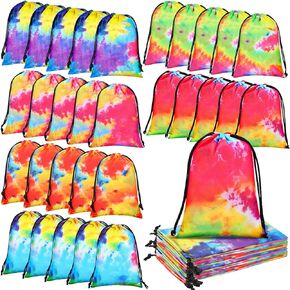 Tie Dye Party Birthday Gift Bags 10 x 7 Inch Treat Goodie Drawstring Favor for Kids Supplies Candy Beach Luau (Graffiti Style, 32 Pack)