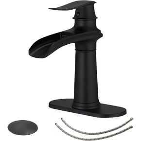 BWE Bathroom Vessel Sink Faucet Waterfall Spout Single Handle One Hole Solid Brass Deck Mount Brushed Gold Lavatory Mixer Tap Lavatory Vanity Sink Faucet with Pop Up Drain