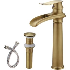 BWE Bathroom Vessel Sink Faucet Waterfall Spout Single Handle One Hole Solid Brass Deck Mount Brushed Gold Lavatory Mixer Tap Lavatory Vanity Sink Faucet with Pop Up Drain in Kuwait