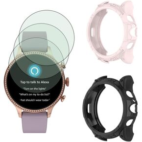 Watch Screen Protector (3+2Pack) Compatible with Fossil Gen 6 42mm Women, Tempered Glass Film Anti-Scratch High Definition Full Coverage and Soft TPU Protective Case