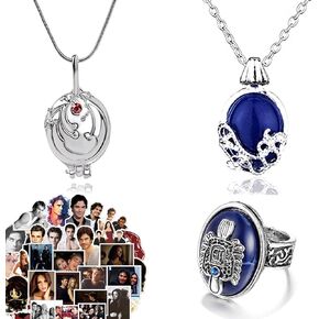 Zaky Vampire Elena Vervain Verbena Opening Necklace Diaries Daylight Walking Signet Damon's Ring Jewelry Set Vampire Stickers Cosplay for Fans 28 pcs