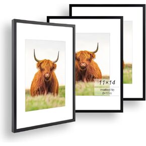 Golden State Art, 11x14 Picture Frame Set of 3, Black Thin Border Photo Frame, Display Pictures 8x10 with Mat or 11x14 Without Mat, Black Frame for Wall Hanging Horizontal and Vertical