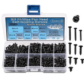 450Pcs Black Wood Screws M3 Phillips Round Head Self Tapping Screws Self Drilling Metal Screws Kit Mini Carbon Steel Electronic Screws Assortment