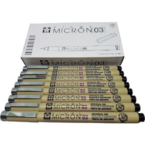 Sakura Pigma Micron pen 03 Black ink marker felt tip pen, Archival pigment ink pens for artist, zentangle, technical drawing pens - 8 pack of Micron 03 Black