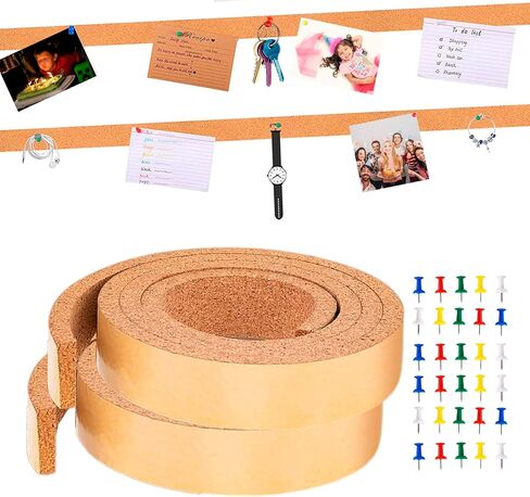 شرائط شريط نشرات صغيرة للوحة الفلين، شريطان من الفلين مع لاصق ذاتي، لوحة دبوس للجدران، المذكرات، المكتب، المنزل، المطبخ، المدرسة، المكتب، كل لفة 48 بوصة × 0.79 بوصة - سمك 9 مم in Kuwait