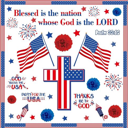 67 Pcs 4th of July Bulletin Board God Bless The USA Bulletin Board American Flag Cross Cutouts 3D Paper Flower Independence Day Patriotic Christian Religious Classroom Sunday School Decoration in Saudi Arabia