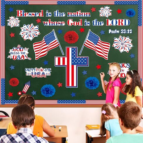 67 Pcs 4th of July Bulletin Board God Bless The USA Bulletin Board American Flag Cross Cutouts 3D Paper Flower Independence Day Patriotic Christian Religious Classroom Sunday School Decoration in Saudi Arabia