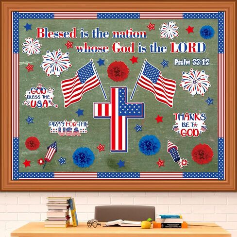 67 Pcs 4th of July Bulletin Board God Bless The USA Bulletin Board American Flag Cross Cutouts 3D Paper Flower Independence Day Patriotic Christian Religious Classroom Sunday School Decoration in Saudi Arabia