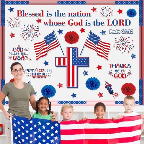 67 Pcs 4th of July Bulletin Board God Bless The USA Bulletin Board American Flag Cross Cutouts 3D Paper Flower Independence Day Patriotic Christian Religious Classroom Sunday School Decoration in Saudi Arabia